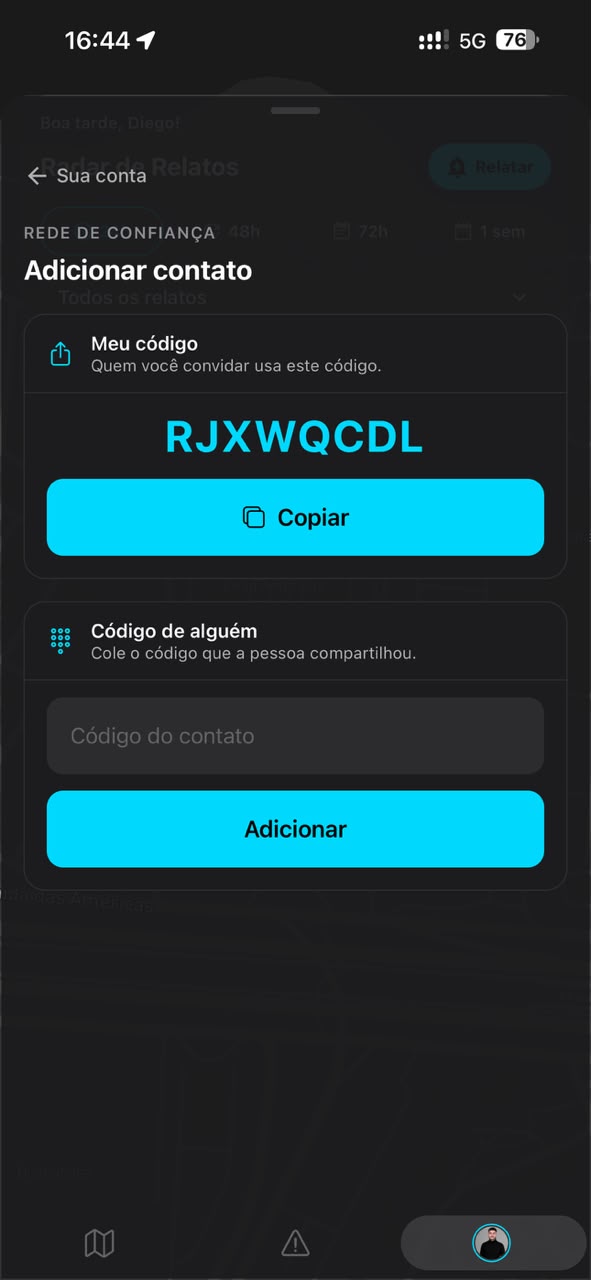 Tela do VISION para adicionar um contato com código de convite