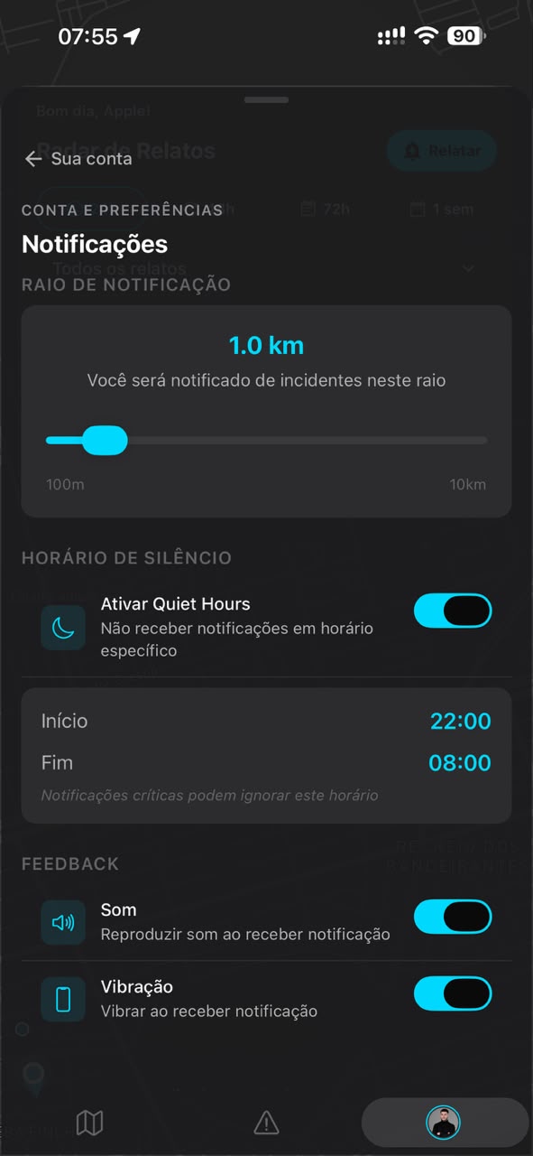 Tela do VISION com raio, horário de silêncio e feedback das notificações