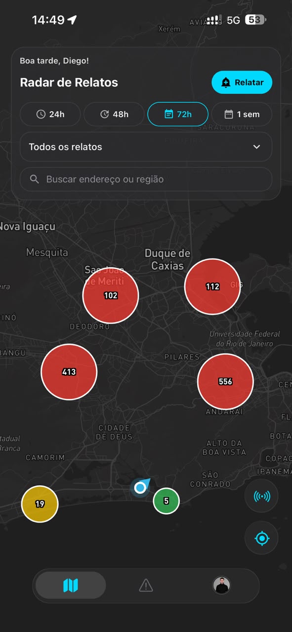 Tela do VISION com o Radar de Relatos no mapa