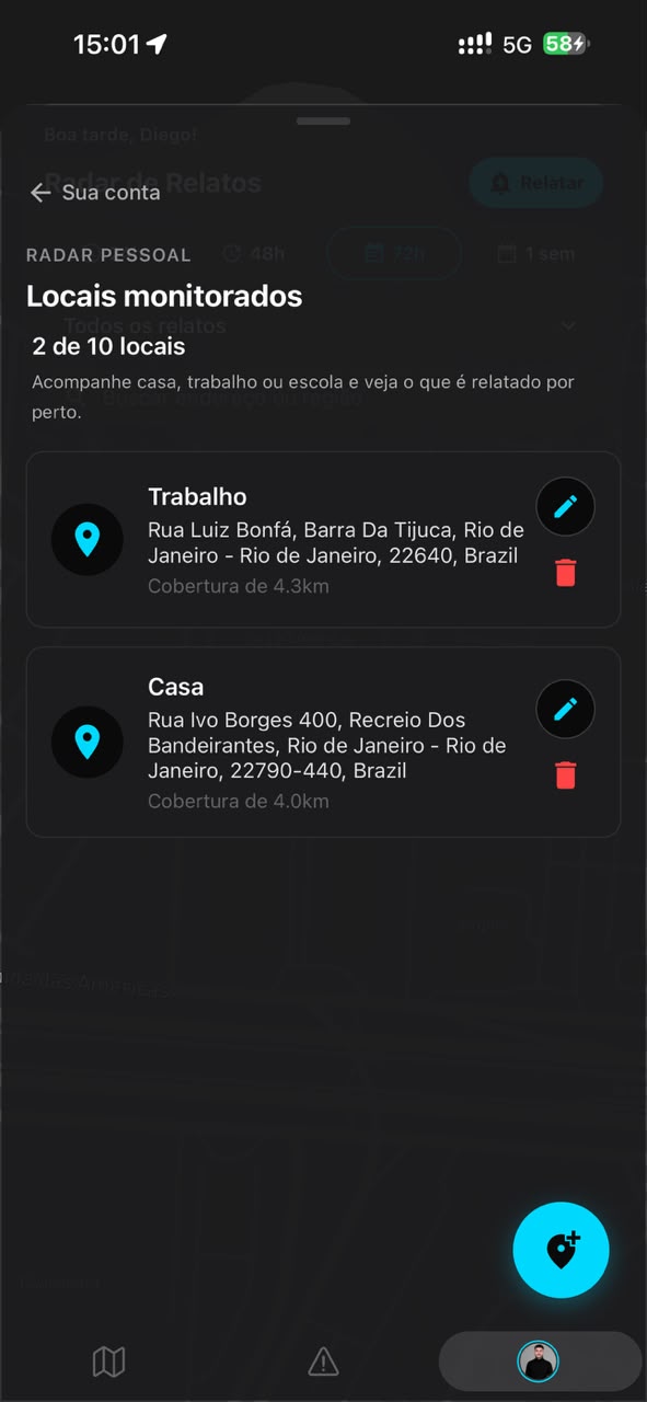 Tela do VISION com a lista de locais monitorados
